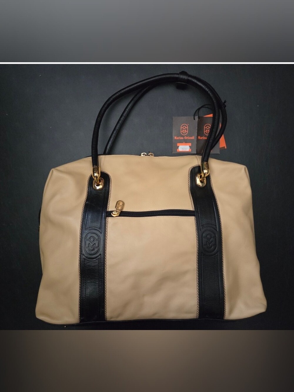 NWT - Italy Leather Tan with Black Trim & Gold Hardware Shoulder Handbag/Tote
